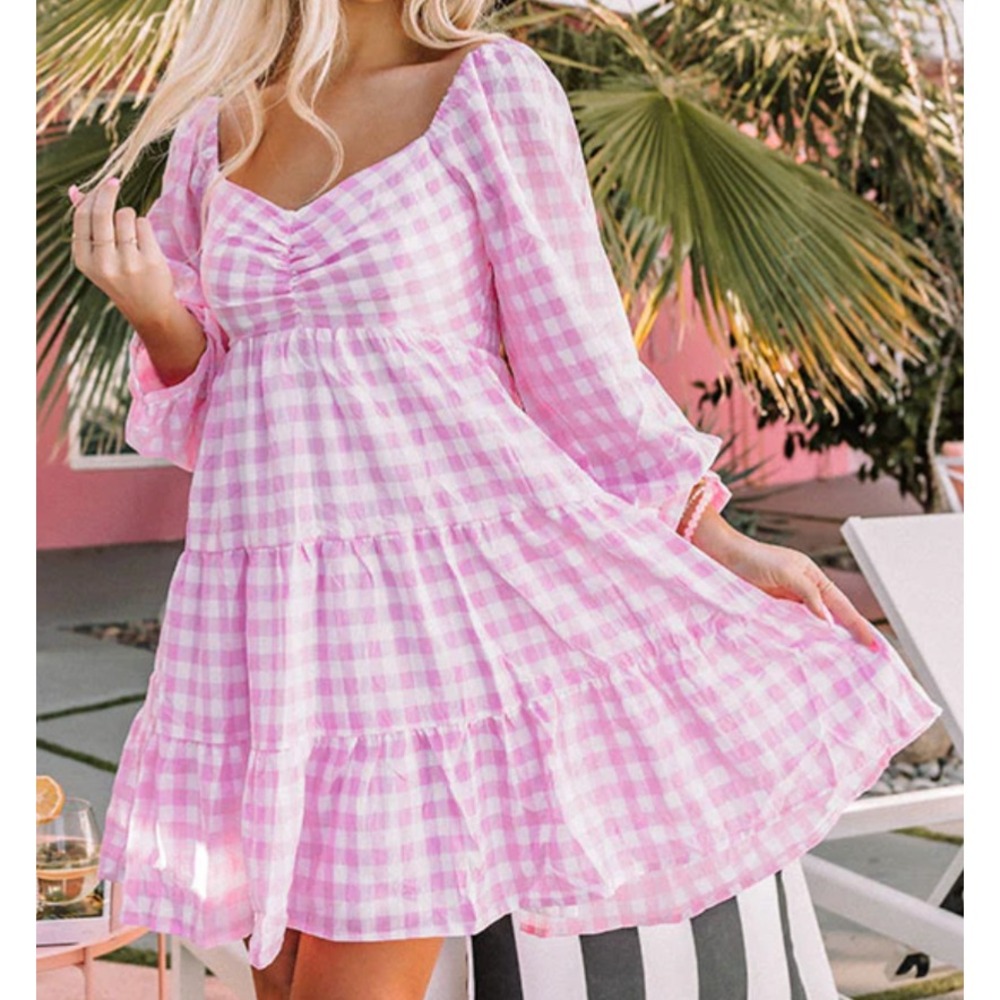 ENTRO Babydoll Dress PINK GINGHAM CHECK Smocked Back TIERED PUFF SLV Low Back S